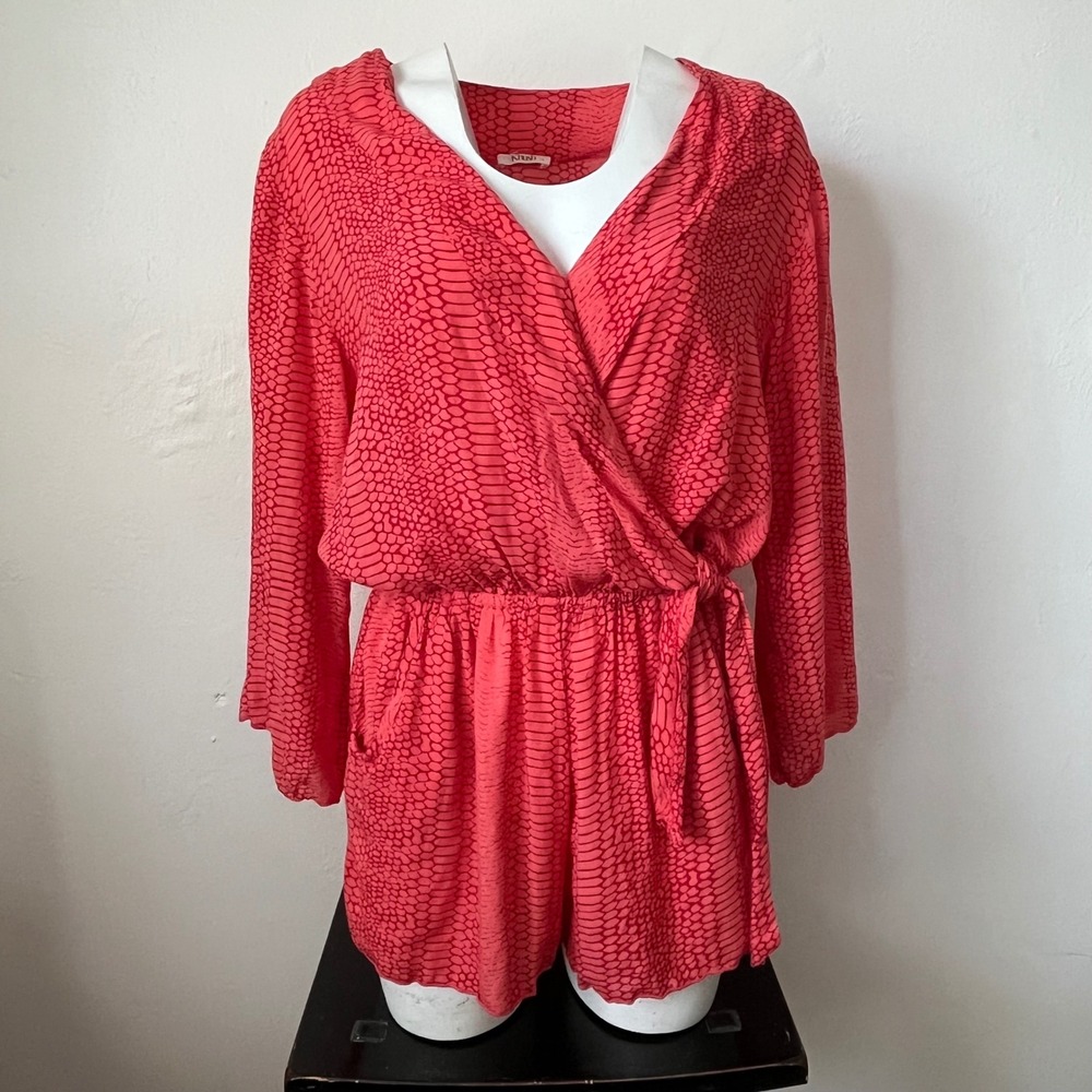 Khush Womens Red Snakeskin Print Long Sleeve Wrap Romper Size L Hand Made Rayon